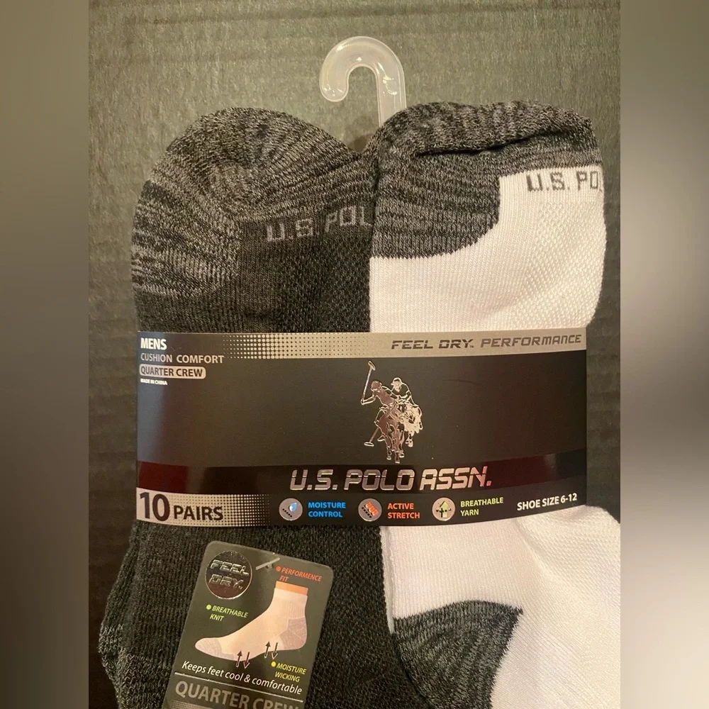 U.S. POLO ASSN.‎ Men's 10 Pack Cushion Comfort Quarter Crew Socks Size 6-12